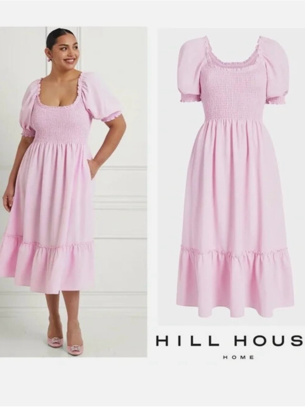 Hill House Louisa Nap Dress in Ballerina Pink crepe- puff sleeve midi dress